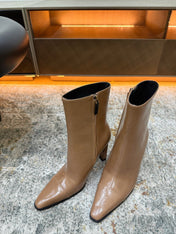 YSL 26S ANKLE BOOTS 90 MM IN TAUPE BEIGE GLOSSY LEATHER