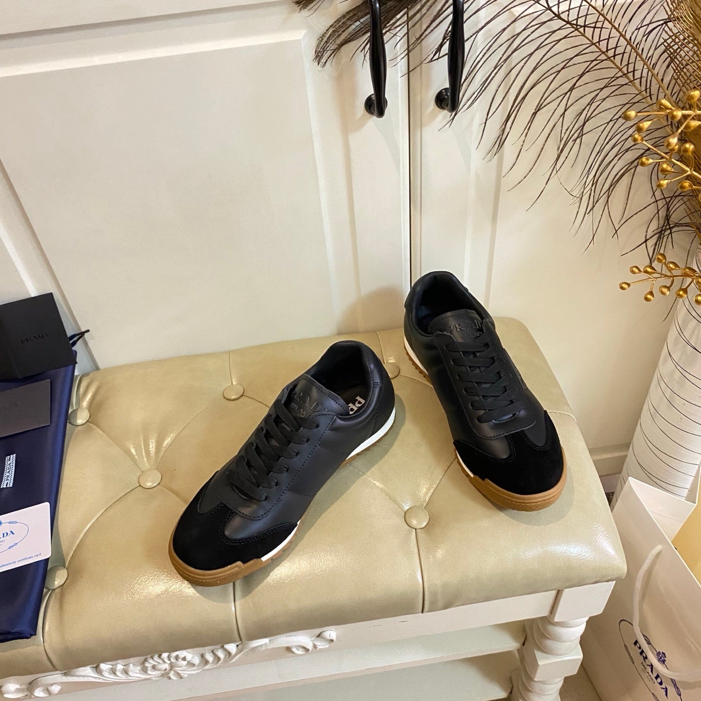 PRADA 26S LACE UP SNEAKERS IN BLACK CALFSKIN AND SUEDE