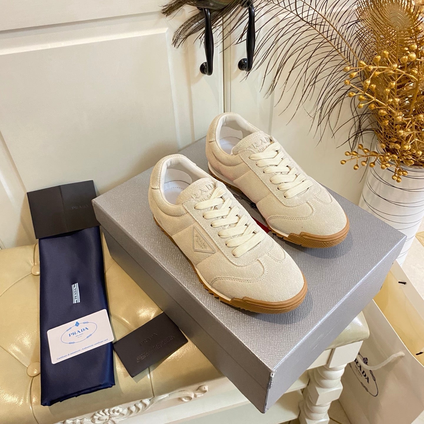 PRADA 26S LACE UP SNEAKERS IN BEIGE SUEDE