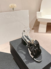 HIGH SANDAL WITH PEARL CHAIN BLACK LAMBSKIN WITH WHITE RHINESTONES