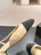 SLINGBACKS IN BEIGE CREAM LAMBSKIN AND BLACK SATIN