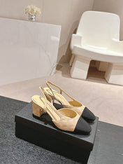 HIGH SLINGBACKS IN BEIGE CREAM LAMBSKIN AND BLACK SATIN