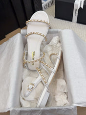 THREE-STRAPS SANDALS IN WHITE CALFSKIN WITH GOLD HARDWARE