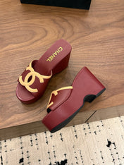 CHANEL 26S WEDGE SANDALS 95 MM IN DARK RED CALFSKIN