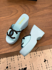 CHANEL 26S WEDGE SANDALS 95 MM IN PASTEL BLUE CALFSKIN
