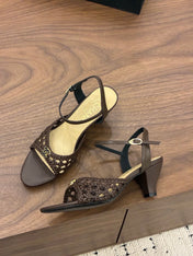 CHANEL 26S HIGH-HEELED BACK-STRAP SANDALS 60 MM IN DARK BROWN WOVEN LAMBSKIN