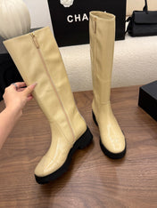 CHANEL 26S TALL BOOTS 45 MM IN BEIGE PATENT LEATHER ROUNDED TOE