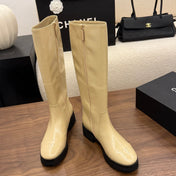 CHANEL 26S TALL BOOTS 45 MM IN BEIGE PATENT LEATHER ROUNDED TOE