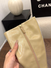 CHANEL 26S TALL BOOTS 45 MM IN BEIGE PATENT LEATHER ROUNDED TOE