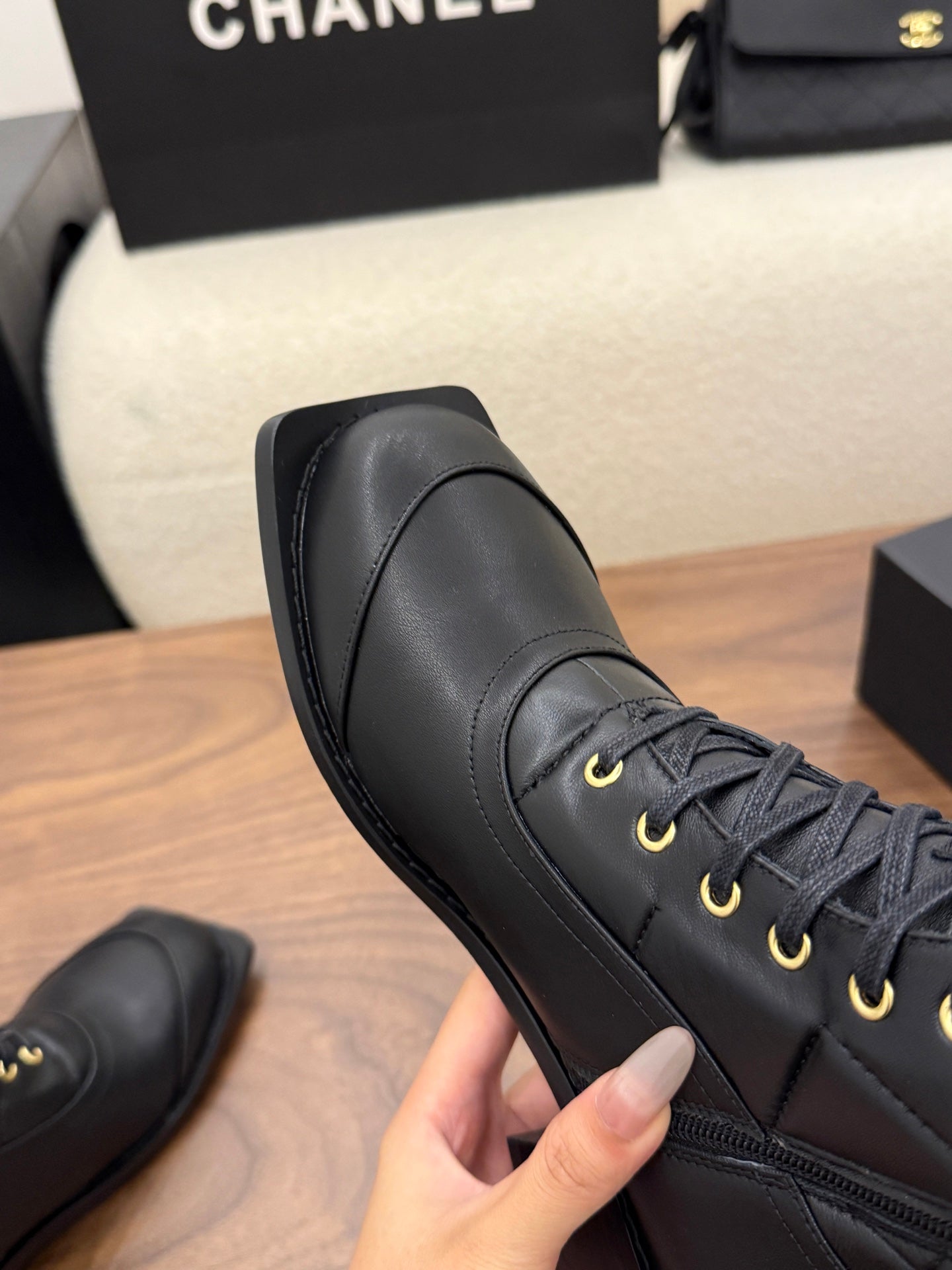 CHANEL 26S LACE UP HIGH TOP BOOTS 45 MM IN BLACK CALFSKIN