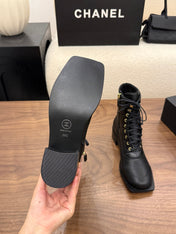 CHANEL 26S LACE UP HIGH TOP BOOTS 45 MM IN BLACK CALFSKIN