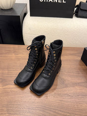 CHANEL 26S LACE UP HIGH TOP BOOTS 45 MM IN BLACK CALFSKIN