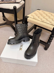 DIOR 26S QUILTED LUG SOLE SHORT MID-CALF BOOTS IN BLACK CALFSKIN GOLD HARDWARE