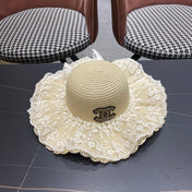 CHANEL 26S LACE-OVERLAY WIDE-BRIM STRAW HAT 335731