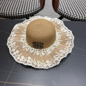 CHANEL 26S LACE-OVERLAY WIDE-BRIM STRAW HAT 335730