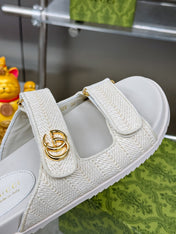 GG SANDALS IN WHITE FABRIC AND CALFSKIN WITH GOLD HARDWARE