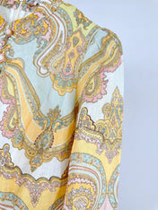HIGH-NECK LONG-SLEEVE PRINTED DRESS IN PURPLE AND YELLOW
