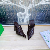 ALFIE LEATHER HIGH MULES IN CHOCOLATE BROWN CALFSKIN WITH WOVEN DESIGN