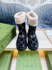 HORSEBIT ANKLE BOOTS WITH MERINO TRIM IN BLACK VELVET AND CALFSKIN