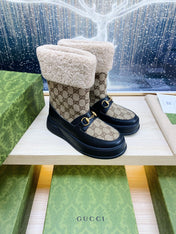 HORSEBIT ANKLE BOOTS WITH MERINO TRIM IN BEIGE JACQUARD FABRIC MIX BLACK CALFSKIN