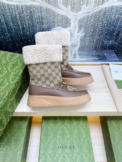 HORSEBIT ANKLE BOOTS WITH MERINO TRIM IN BEIGE JACQUARD FABRIC MIX BROWN CALFSKIN