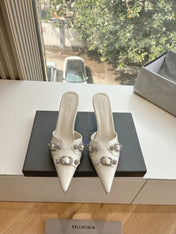 CRYSTAL BUCKLE WHITE CALFSKIN HEELED MULES