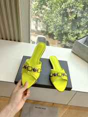 CAGOLE FLAT MULES IN LIME YELLOW CALFSKIN