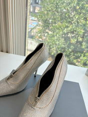 ZIPPER POINTED-TOE HIGH PUMPS IN BEIGE SUEDE ATTACHED SILVER CRYSTAL