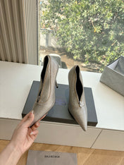 ZIPPER POINTED-TOE HIGH PUMPS IN BEIGE SUEDE ATTACHED SILVER CRYSTAL