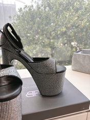 PLATFORM ANKLE STRAP HEELS IN BLACK ATTACHED RHINESTONES CALFSKIN