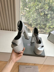PLATFORM ANKLE STRAP HEELS IN SILVER METALLIC ATTACHED RHINESTONES CALFSKIN