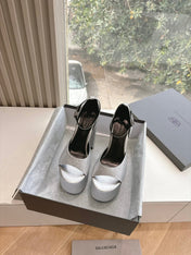 PLATFORM ANKLE STRAP HEELS IN SILVER METALLIC ATTACHED RHINESTONES CALFSKIN