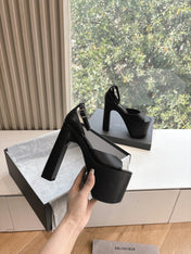 PLATFORM ANKLE STRAP HEELS IN BLACK SMOOTH CALFSKIN