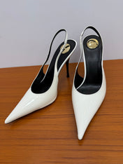YSL 26S HEELED SLINGBACKS 100 MM IN WHITE GLOSSY CALFSKIN