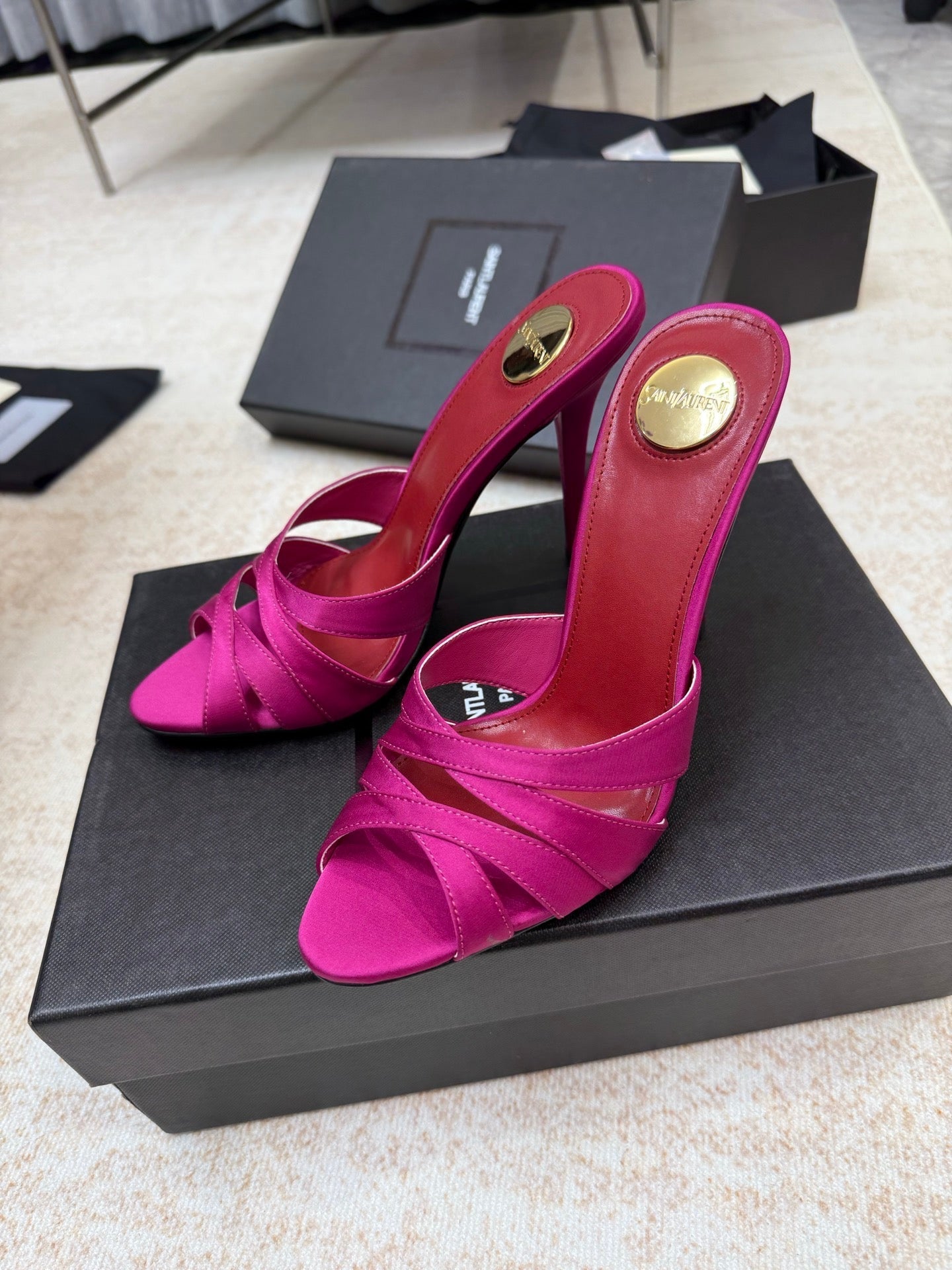 YSL 26S HEELED SANDALS 105 MM IN DARK PINK SATIN