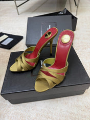 YSL 26S HEELED SANDALS 105 MM IN OLIVE GREEN SATIN