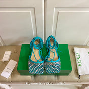 LACE-UP FLAT SANDAL IN CERULEAN BLUE METALLIZED MESH AND LEATHER WITH RHINSTONES