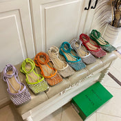 LACE-UP FLAT SANDAL IN CERULEAN BLUE METALLIZED MESH AND LEATHER WITH RHINSTONES