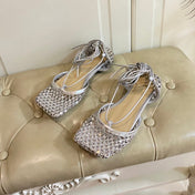 LACE-UP FLAT SANDAL IN SILVER METALLIZED MESH AND LEATHER WITH RHINSTONES