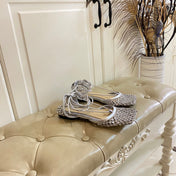 LACE-UP FLAT SANDAL IN SILVER METALLIZED MESH AND LEATHER WITH RHINSTONES