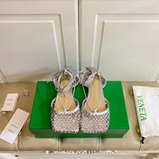 LACE-UP FLAT SANDAL IN SILVER METALLIZED MESH AND LEATHER WITH RHINSTONES