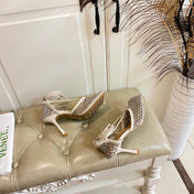 LACE-UP SANDAL IN WHITE CREAM METALLIZED MESH AND LEATHER WITH RHINSTONES 9 CM