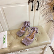 LACE-UP SANDAL IN LIGHT PURPLE METALLIZED MESH AND LEATHER WITH RHINSTONES 9 CM