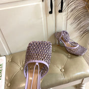 LACE-UP SANDAL IN LIGHT PURPLE METALLIZED MESH AND LEATHER WITH RHINSTONES 9 CM