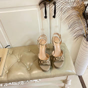 GG HORSEBIT PLATFORM SANDAL IN KHAKI BEIGE MONOGRAM CANVAS AND SHEEPSKIN LINING