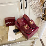 GUCCI 26S HIGH-HEELED SANDALS IN DARK RED CANVAS WITH GOLD HARDWARE