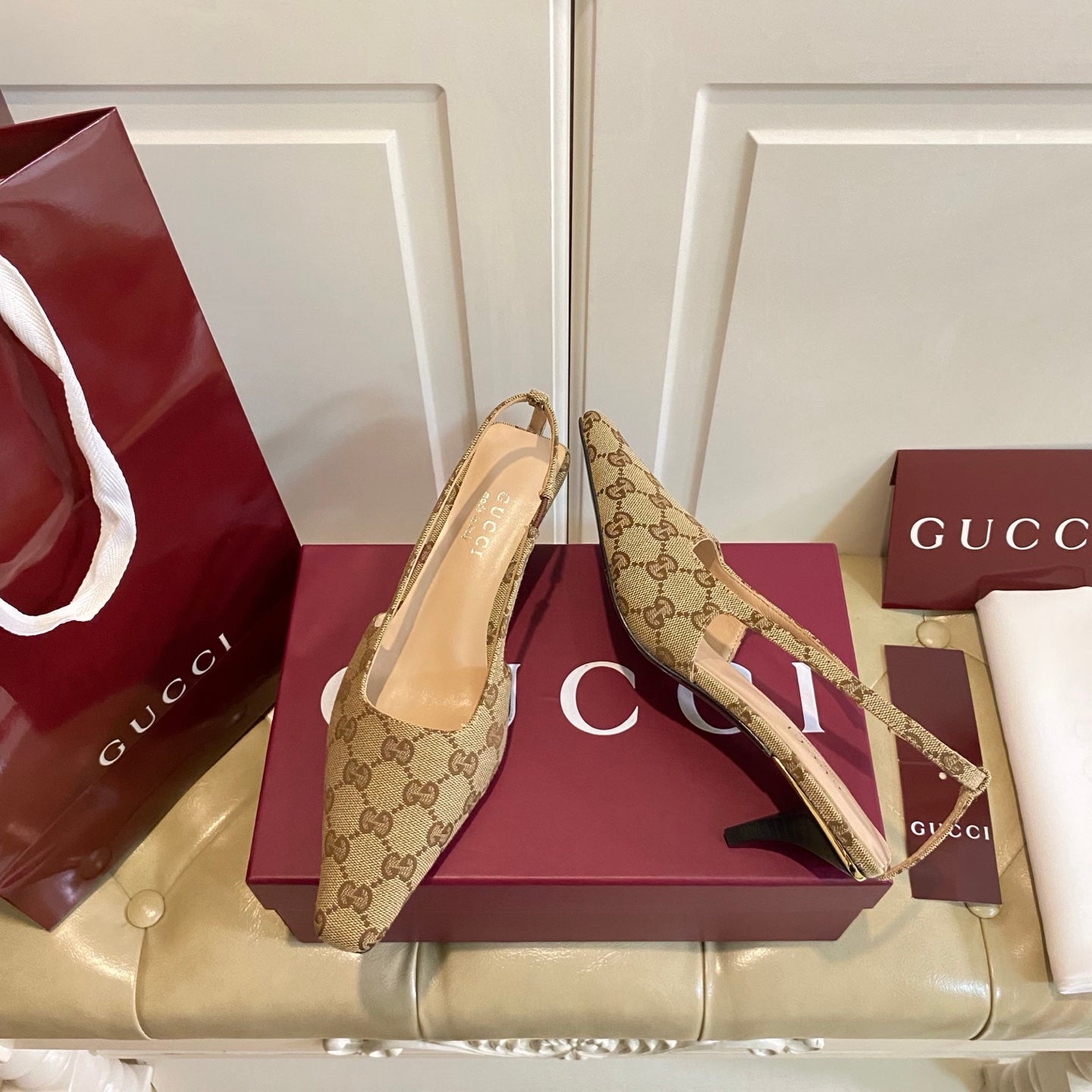 GUCCI 26S SLINGBACK 55 MM IN DARK BEIGE CANVAS