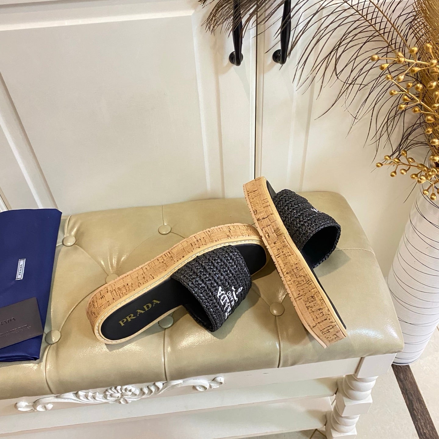 PRADA 26S SLIDE SANDALS CORK SOLE IN BLACK LOGO RAFFIA
