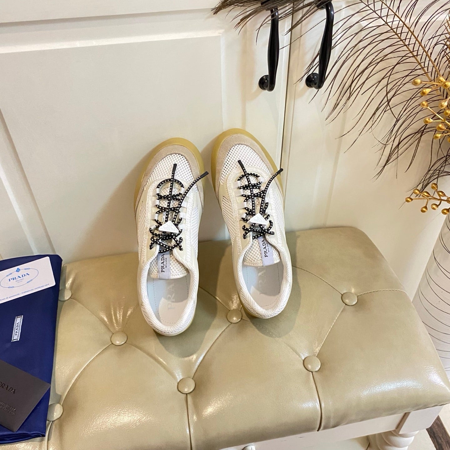 PRADA 26S LACE UP SNEAKERS CHUNKY SOLE IN WHITE TECH FABRIC AND MESH