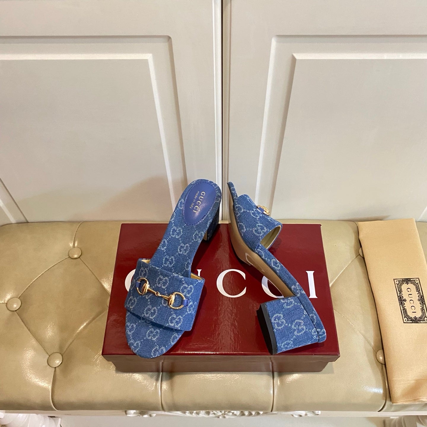 GUCCI 26S HIGH-HEELED SANDALS 65 MM IN BLUE DENIM